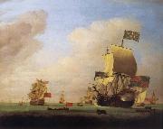 Monamy, Peter Flagship of Sir John Leake,coming to anchor in the bay of Barcelona oil painting reproduction